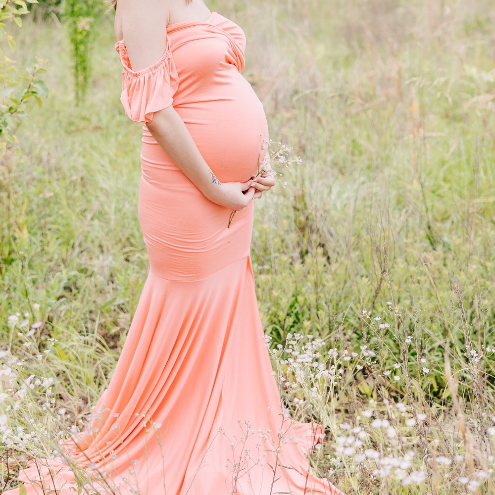 Saslax Off Shoulder Ruffle Sleeves Elegant Fitted Maxi Maternity Dress for Photo